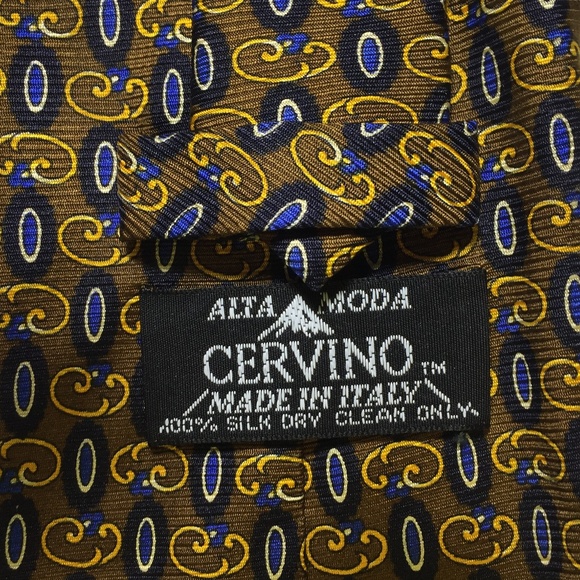 Cervino Alta Moda made in Italy Gold Blue Geometric 100% SILK men's Tie - Picture 4 of 5